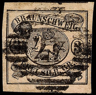 1655 "47" - Wolfenbüttel, Zentrischer Abschlag In Schwarz, Kopfstehend Auf 3 Sgr. Schwarz Auf Mattrosa, Breitrandig, Pra - Brunswick