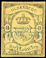 1849 3 Gr. A. Lebhaftgraugelb, Allseits Vollrandig Wirkendes, Restauriertes Exemplar (hinterlegt, Ränder Angesetzt), Bla - Oldenburg