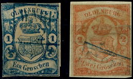 1850 1 Gr Trübblau Und 2 Gr Rotorange Gestempelt, Beide Knapp Geschnitten Und Mit Verklebtem Einriss, Belegstücke, Mi. 8 - Oldenbourg