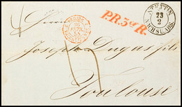 2394 1855, Porto-Brief Mit K2 "STETTIN 23 2 NACH 8 U. ABS." Nebst Rotem L1 "P.R. 3er R." (Aachen) Und Rotem Grenzübergan - Altri & Non Classificati