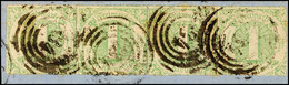 2619 1 Kr. Grün, IV.Ausgabe, Waager. Viererstreifen Mit Vierringstempeln "134" Von Mainz Auf Briefstück, Rechte Marke Re - Other & Unclassified