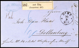 2870 "DIEZ 20 4 (1865)" - K1, Auf In Blau "6 / 2" Austaxiertem Paketbegleitbrief, Nebst Taxquadrat-Paketnummernzettel Ty - Altri & Non Classificati