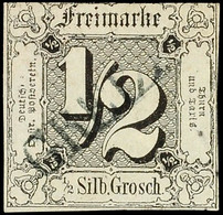 2896 "GREIZ" - Schwarzblauer L1, Zentrisch Diagonal Auf 1/2 Sgr. A. Graugrün Im Teils Vollrandigem Taxisschnitt, Gepr. H - Autres & Non Classés