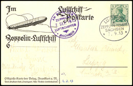 4704 1913, 7.SEP., Luftschiff Sachsen, Ansichtskarte Von Leipzig Mit 5 Pfg Germania Und Bordpoststempel "LUFTPOST ZEPPEL - Autres & Non Classés