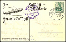 4704 1913, 7.SEP., Luftschiff Sachsen, Ansichtskarte Von Leipzig Mit 5 Pfg Germania Und Bordpoststempel "LUFTPOST ZEPPEL - Altri & Non Classificati