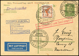 4801 1931, D. Europa 27.7., Ganzsachen Mit Zufrankatur Dt. Seepostaufgabe Vom 31.7. Und Sonder-Cachet Nach Pforzheim, Ka - Sonstige & Ohne Zuordnung