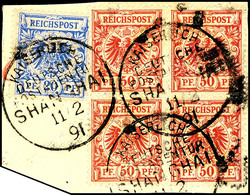 4988 50 Pfg Krone/Adler Viererblock Und 20 Pf Auf Leinen-Briefstück, Fotobefund Ronald F. Steuer BPP: "...zeigt Drei Ech - Chine (bureaux)