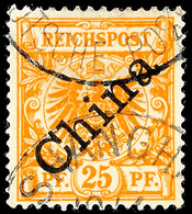 5009 25 Pf. Gelblichorange, Diagonaler Aufdruck, Urmarke Plattenfehler "gespaltenes I", Gestempelt SHANGHAI, Kleine Schü - Cina (uffici)