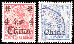 5074 TSCHINKIANG 13 8 02 Und 2 10 11, Je Teilstempel Auf 20 Pf. Reichspost Bzw. 4 C. Auf Germania 10 Pf. Mit Wz., Katalo - Chine (bureaux)