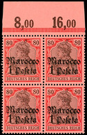 5111 1 Pes. Auf 80 Pf., Oberrandviererblock Tadellos Postfrisch, Mi. 280.-, Katalog: 29(4) ** - Marocco (uffici)