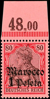 5112 1 Peseta A. 80 Pfg Germania Ohne Wz., Tadellos Postfrisches Oberrandstück, Mi. 70.-, Katalog: 29OR ** - Deutsche Post In Marokko