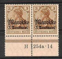 5139 3 C. Auf 3 Pfg Germania Mit Wasserzeichen, Postfrisches Kabinettpaar Mit Unterrand (angetrennt) Und HAN "H 1254a 14 - Deutsche Post In Marokko