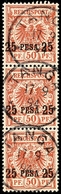 5406 25 Pesa Auf 50 Pf. Krone/Adler, Aufdruck Type II, Senkr. 3er-Streifen, Jede Marke Zentrisch Klar TANGA 17/9 94, Kat - Deutsch-Ostafrika