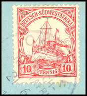 5657 OKASISE DSWA 21.6. 1.., Klar Teilabschlag Auf Pracht-Briefstück Mit 10 Pfg. Kaiseryacht Mit Wasserzeichen, Signiert - Sud-Ouest Africain Allemand