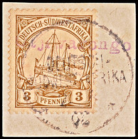 5662 OTJIWARONGO Schreibmaschinenschrift Violett Mit Wanderstempel Auf Briefstück 3 Pf. Kaiseryacht Ohne Wasserzeichen,  - Sud-Ouest Africain Allemand