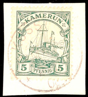 5784 KUSSERI 2 11 08 Zentrisch Auf Briefstück 5 Pf. Kaiseryacht, Katalog: 21 BS - Kamerun