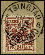 5853 50 Pf Steilaufdruck Tadellos Auf Briefstück Mit Vollem Stempel "TSINGTAU A 19/2 01" (Steur X 2), Mi. 100,-- X 2 = 2 - Kiautschou