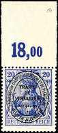 6179 20 Pfg Germania Ultramarin Mit Ovalaufdruck, Plattenoberrandstück, Tadellos Postfrisch, Fotobefund Hey BPP, Mi. 700 - Sonstige & Ohne Zuordnung