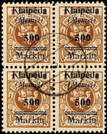 6523 10 M. Auf 5 C. - 500 M. Auf 1 L., Komplett In Zentrisch Gestempelten 4er-Blocks, Geprüft Dr. Petersen BPP, Mi. 400. - Memel (Klaïpeda) 1923