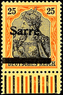 6595 25 Pfg Germania Rötlichorange/schwarz Auf Gelbweiß Mit Aufdruck "Sarre" In Type III, Walzendruckunterrandstück, Tad - Autres & Non Classés