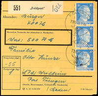 7381 20 Pfg. Hitler Im Senkrechten 3er-Streifen Mit Feldpost-Normstempel "c 730 13.9.44" Auf Feldpost-Wert-Paketkarte Mi - Luxembourg