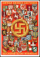 8129 1938, Reichsparteitag Nürnberg, Farbige Karte Mit Abbildung Des Hakenkreuzes Und Den Wappen Deutscher Gaue, Ungelau - Autres & Non Classés