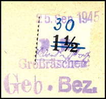 8289 30 Pfg Gebührenzettel, Tadellos Gestempelt Mit Notstempel In Type B Vom 25 Sep. 1945 Auf Briefstück, Fotobefund Kun - Grossraeschen