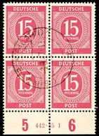 8583 15 Pf. Ziffer Bräunlichlila, Unterrand-4er-Block Mit HAN 442.45 1, Zentrisch Gestempelt MARBURG 8.9.47, Katalog: 92 - Sonstige & Ohne Zuordnung