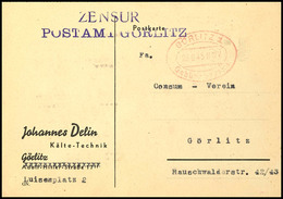 8728 1945, "ZENSUR POSTAMT GÖRLITZ", Violetter L2 Klar Auf Ortspostkarte Mit Rotem Spitzovalstempel GÖRLITZ 1 Gebühr Bez - Autres & Non Classés