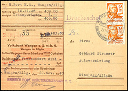 9568 20 Pfg., Senkr. Paar Auf Bankscheck Als Drucksache Von "WANGEN 22.11.48" Nach Kisslegg/Allgäu, Katalog: 28 BF - Autres & Non Classés