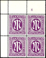 9630 12 Pfg AM-Post, Englischer Druck, Eckrand-4er-Block Mit Platten-Nr. "2C", Tadellos Postfrisch, Unsigniert, Eckbüge  - Other & Unclassified