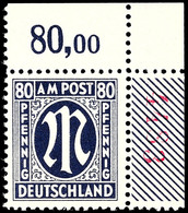 9684 80 Pfg AM-Post, Deutscher  Druck, Zähnung L 11, Z-Papier, Eckrandstück Oben Rechts Mit Vierstelliger, Roter Bogenzä - Other & Unclassified