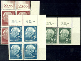 9961 25 Pf Heuss Lumo Eckrandviererblock Rechts Oben Walze, 30 Pf Lumo Eckrandpaar Rechts Oben Platte Und 40 Pf Lumo Eck - Other & Unclassified