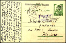 10258 1945, 2 + 3 Din. Aufdruck-Ganzsachenkarte Gebraucht Aus BEORGRAD 14.2. Via Salas Mit Violettem Zensur-Ra3 (Partisa - Altri & Non Classificati