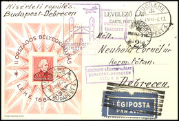 10886 20 F. Briefmarken-Ausstellungsblock Mit EST BUDAPEST 6.5.34 Auf Flugpost-Doppelkarte Nach Debrecen Mit Ankunftsste - Other & Unclassified