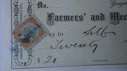 P1009.12  CHECK - Farmer's And Mechanics' National Bank -$20 - 1874  Georgetown (Washington D.C.) - Etats-Unis