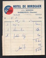 Barbezieux (16 Charente)petite Facture HOTEL DE BORDEAUX 1950 (PPP13477) - Sport En Toerisme