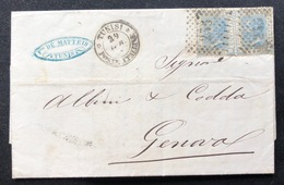 Italie Levant 1868 20c Bleu X2  De TUNISI Pour Genova Par La Voie Maritime Italienne Superbe ! - Algemene Uitgaven