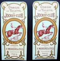 DEUX ETIQUETTES DE PARFUM ANCIENNES PERFUME VINAIGRE DE TOILETTE JOCKEY CLUB MOREAU PARIS   TRES BON ETAT - Etiquetas