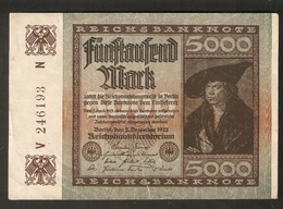 T. Germany Weimar Republic Reichsbanknote 5000 Mark Funftausend 1922 V 246193 N - 5000 Mark