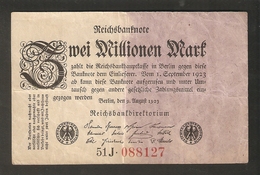 T. Germany Weimar Republic Reichsbanknote Zwei 2 Millionen Mark 2,000,000 1923 # 51J 088127 - 2 Millionen Mark