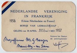 VP12.475 - PARIS 1956 / 57 - Carte - NEDERLANDE VERENIGING IN FRANKRIJK - Union Néerlandaise En France - Sonstige & Ohne Zuordnung