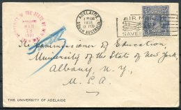 1931 Australia 3d KG5 Airmail Cover. Adelaide University - Education Commissioner, New York State University, USA - Storia Postale