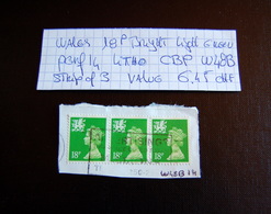 Great Britain - Strip Of 3 18P W48B Bright Light Green Perf14  On Fragment - Used - Machins