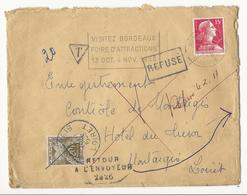 Lettre De Pessac à Montargis (1956), Taxée à 20 Frs, Refusée, Retaxée Au Dos à 20 Frs - 1859-1959 Covers & Documents