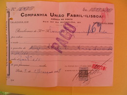 Document Portugais  Perfurado  CUF Companhia Uniao Fabril Estampilha Fiscal  1937 - Storia Postale