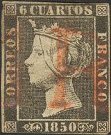 1º Y 2º Centenario. º 1A 1850. 6 Cuartos Negro (II-36). Matasello Prefilatélico "1 R", En Rojo De Origen Desconocido. MA - Otros & Sin Clasificación