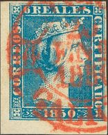 1º Y 2º Centenario. º 4 1850. 6 Reales Azul, Esquina De Pliego (invisible Reparación En Margen Izquierdo). Matasello Bae - Autres & Non Classés