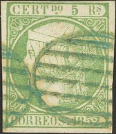 1º Y 2º Centenario. º 15 1852. 5 Reales Verde. Matasello PARRILLA, En Azul. MAGNIFICO Y RARO. 2014 300. - Otros & Sin Clasificación