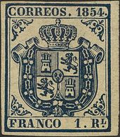 1º Y 2º Centenario. (*) 34 1854. 1 Real Azul Oscuro, Borde De Hoja. Excepcional Color Y Enormes Márgenes. PIEZA DE LUJO, - Sonstige & Ohne Zuordnung